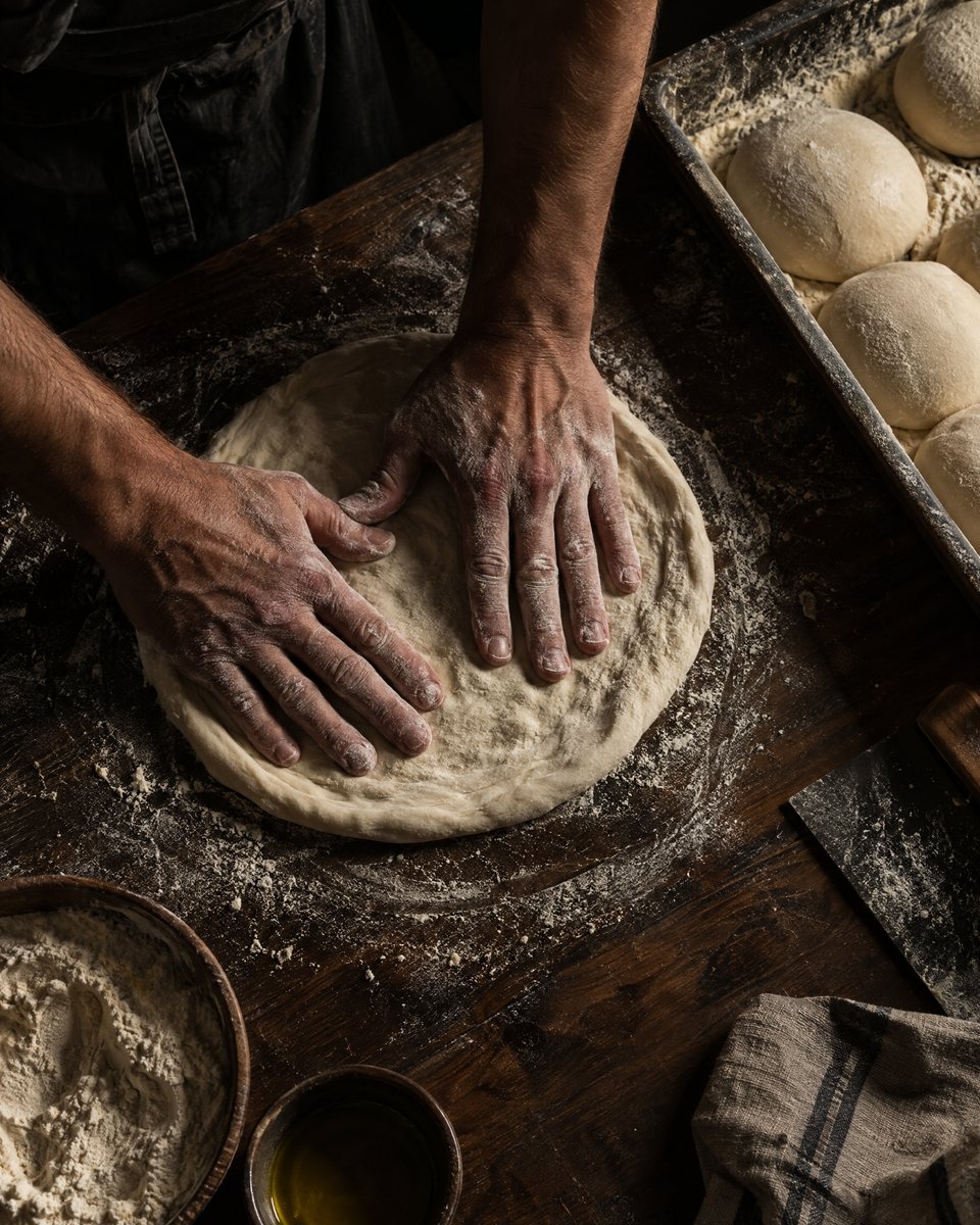 Hands pressing a round of pizza dough on a floured wooden bench beside a tray of dough balls