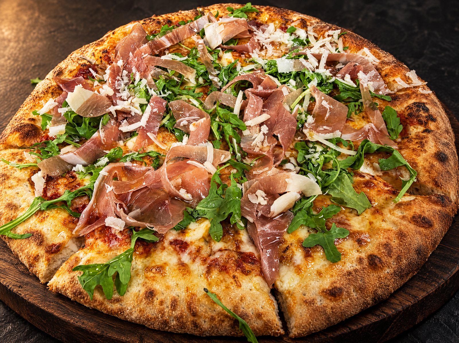 Salt of the Earth pizza: prosciutto, arugula and shaved parmesan over red sauce and cheese